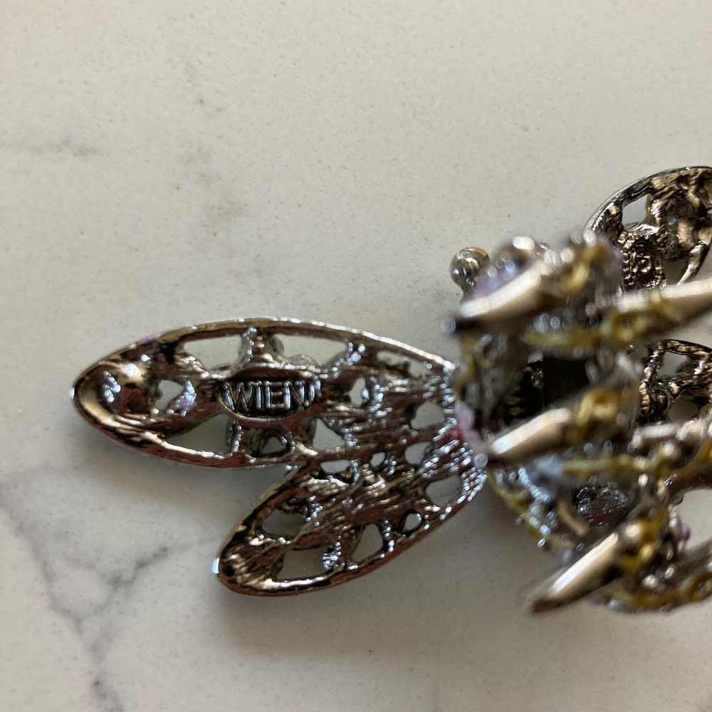 Wien Dragonfly Hair Clip w/ Swarovski Crystals, Silvertone, Enamel Blue, Yellow - Picture 5 of 7